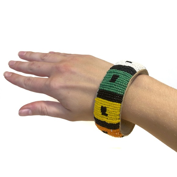 Handmade African Beaded Bracelet Bangle Green Yellow Orange White Black Leather - Picture 10 of 10